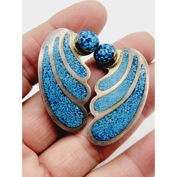 Signed Mexico TB-46 925 Sterling Silver Crushed Turquoise Clip Earrings (A286) - Picture 2 of 3